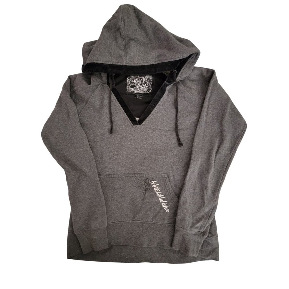 Metal Mulisha Womens Gray Hoodie Sweatshirt V-Neck Skull Graphic Size M - Picture 2 of 5